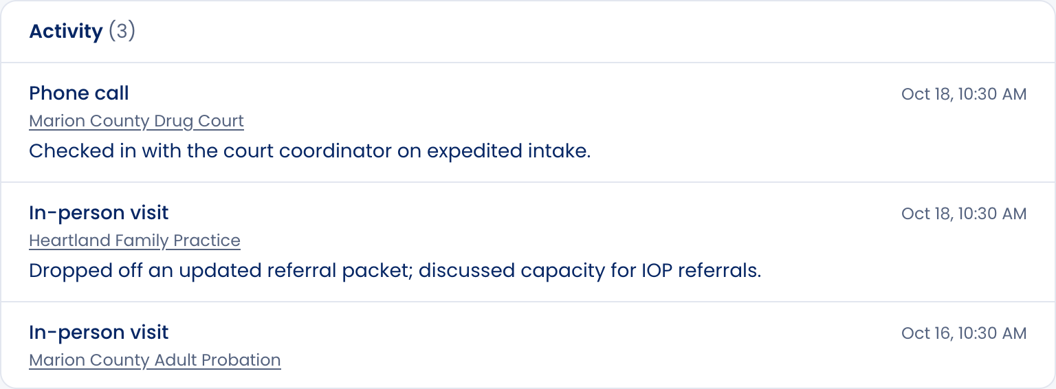 A team member's individual activity log: what they logged, at which partner, and when